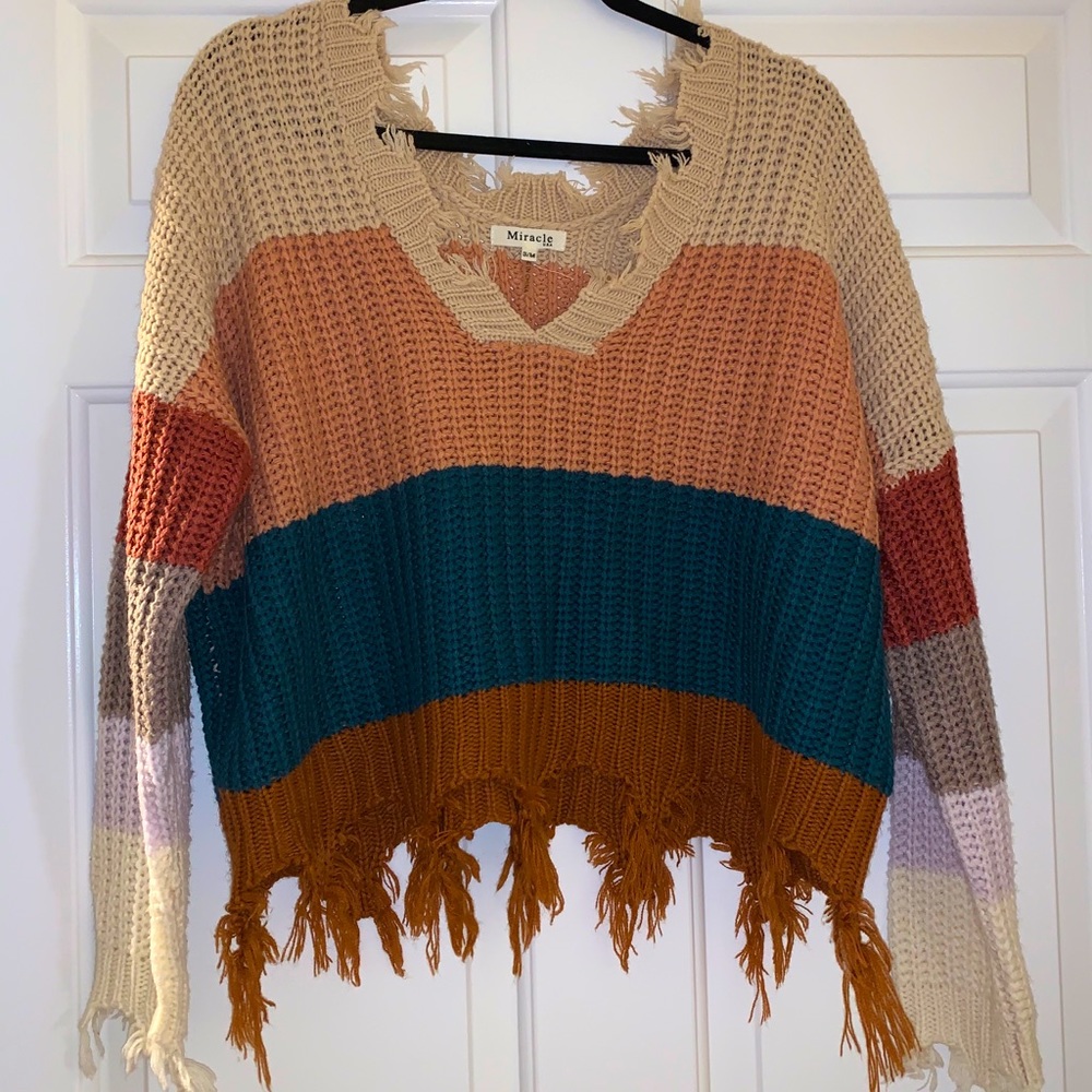 Fringed Color Block Sweater